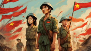 Patriotic characters from Vietnamese resistance literature, standing boldly against a war-torn backdrop, their eyes filled with determination and resilienc