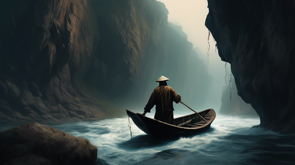 DALL-E prompt: Create an image of a boatman navigating a choppy river with steep cliffs on either side, inspired by the Vietnamese literature The Ferryman