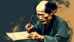 A portrait of Tố Hữu, a great revolutionary poet, holding a pen and writing on a piece of paper.